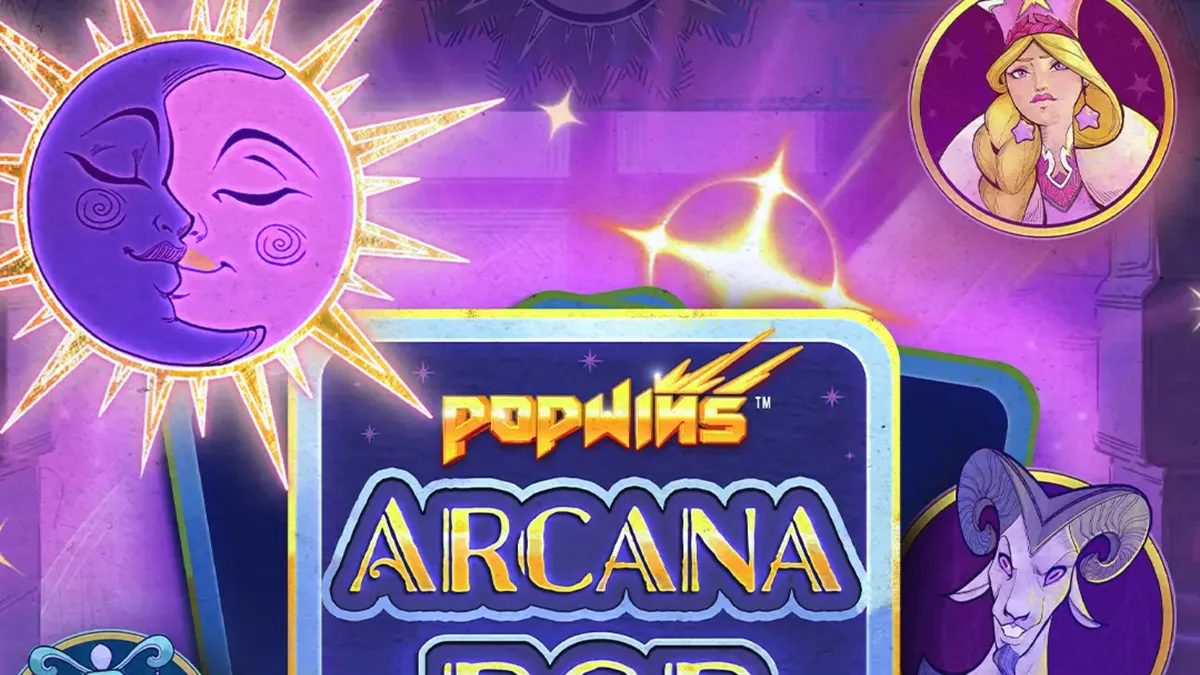 Tampilan visual slot Arcana Pop dengan tema tarot dan simbol mistis